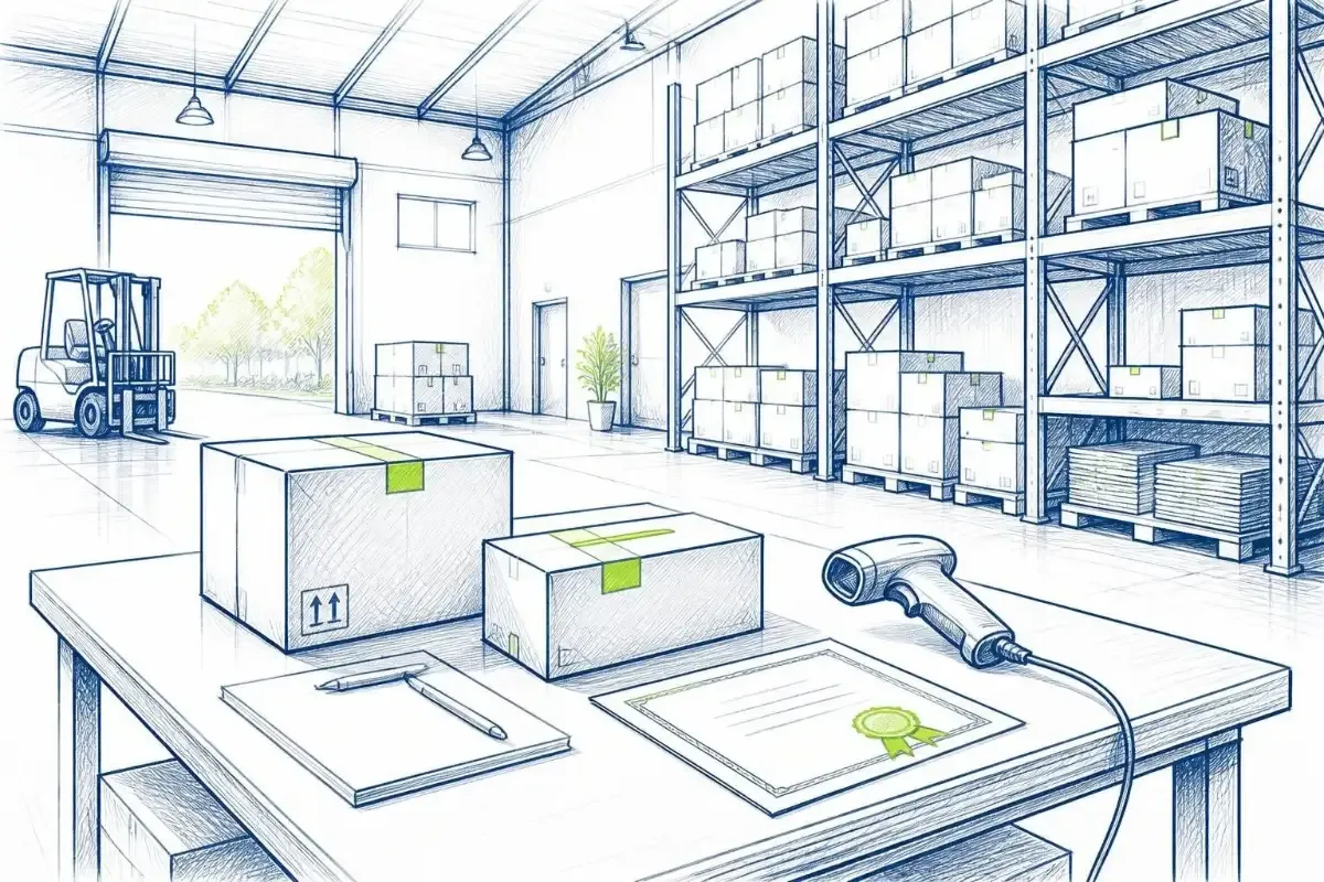 Illustration: Lager mit Packtisch, Scanner und Zertifikat