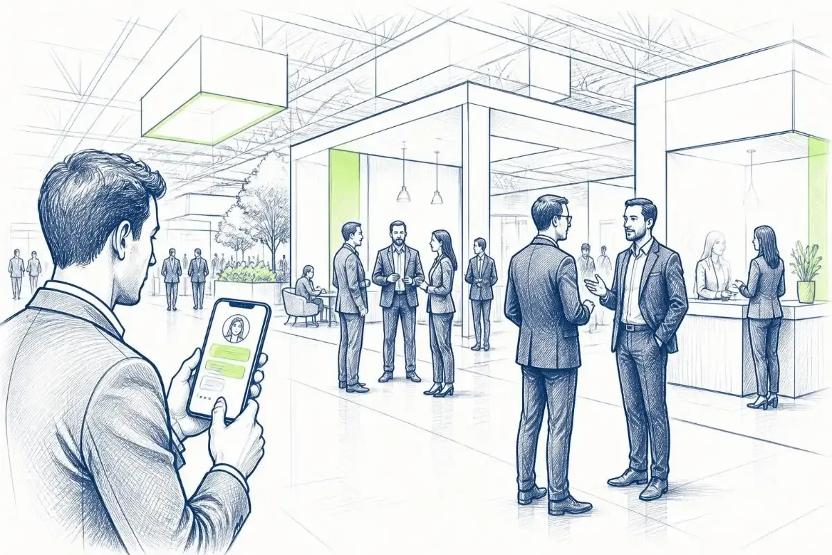 Illustration: Messebesucher mit Smartphone-App auf einer E-Commerce-Messe